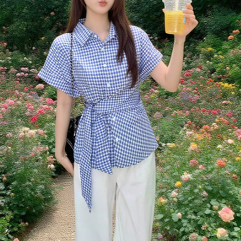 하프 기장 허리 조임 스트랩 체크 반팔 셔츠