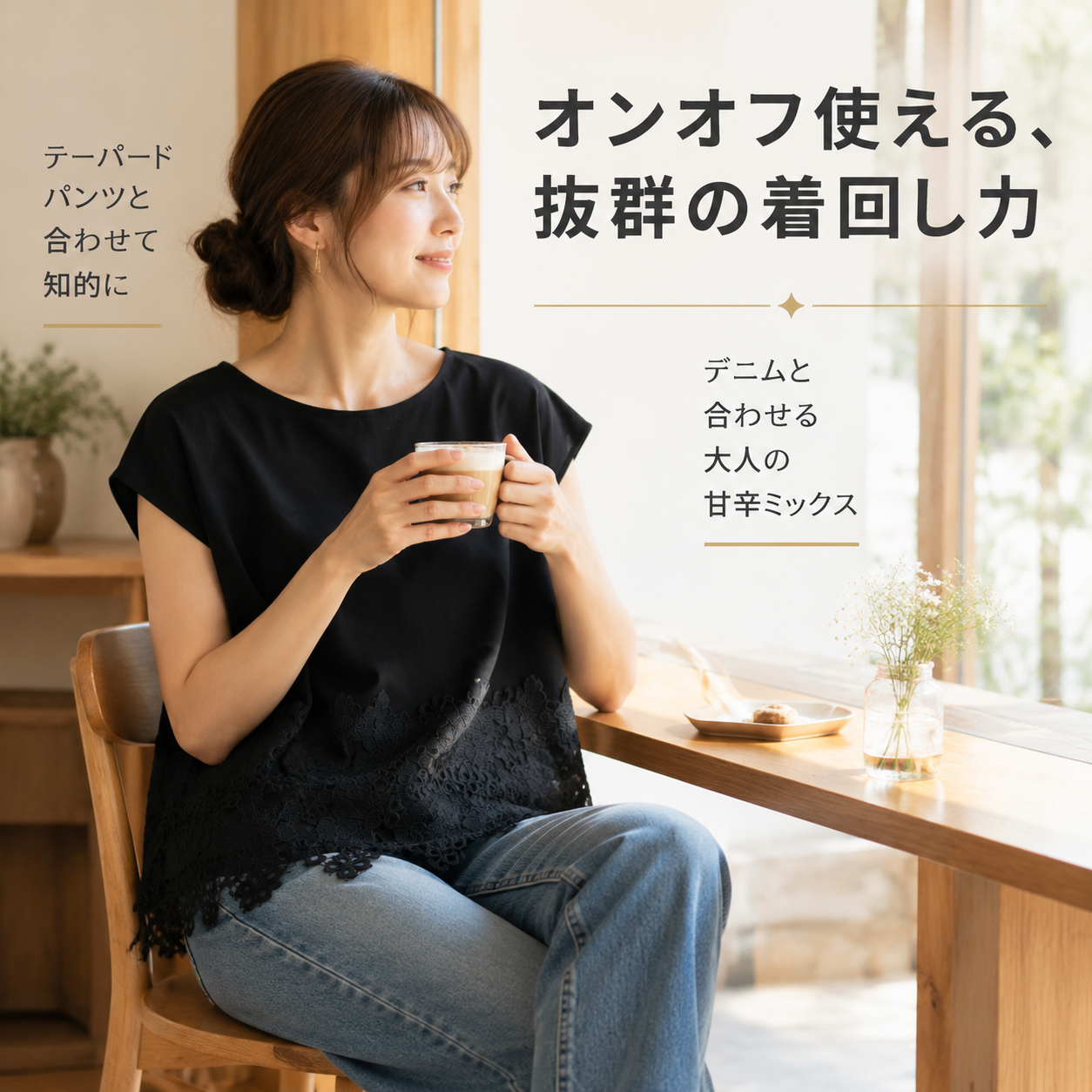 日系スイート花刺繍レース裾半袖ブラウス