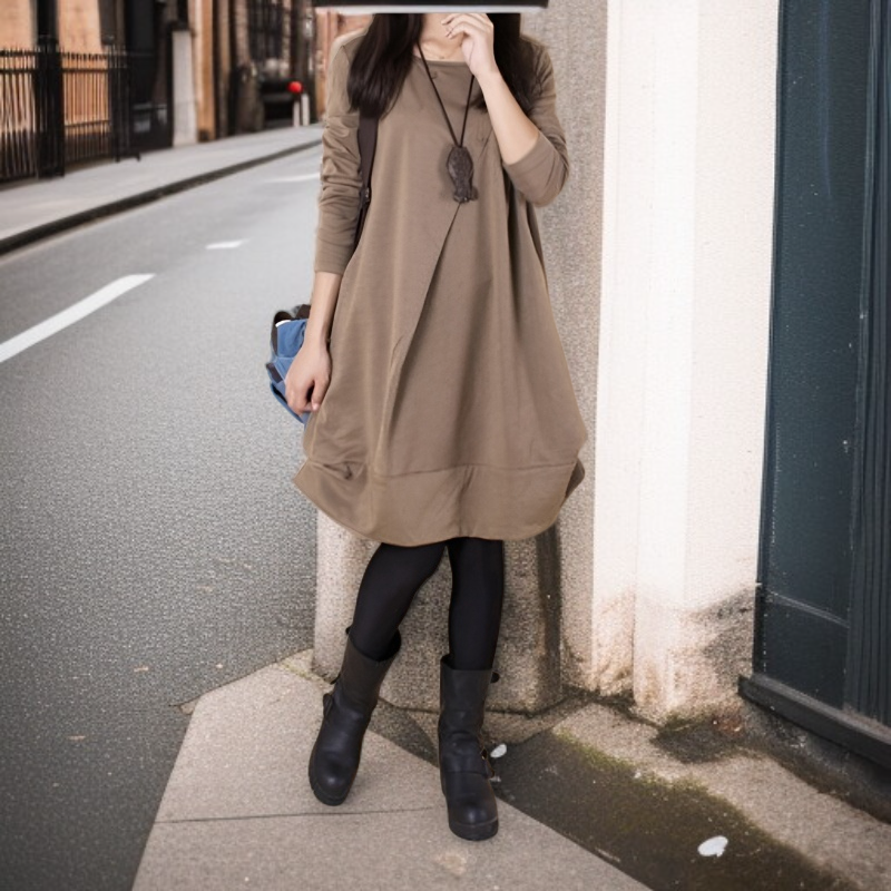 レディースプラスサイズゆったり長袖ワンピースプリーツラウンドネックゆったりワンピースレディースプラスサイズ長袖ワンピースプリーツラウンドネックゆったりワンピース