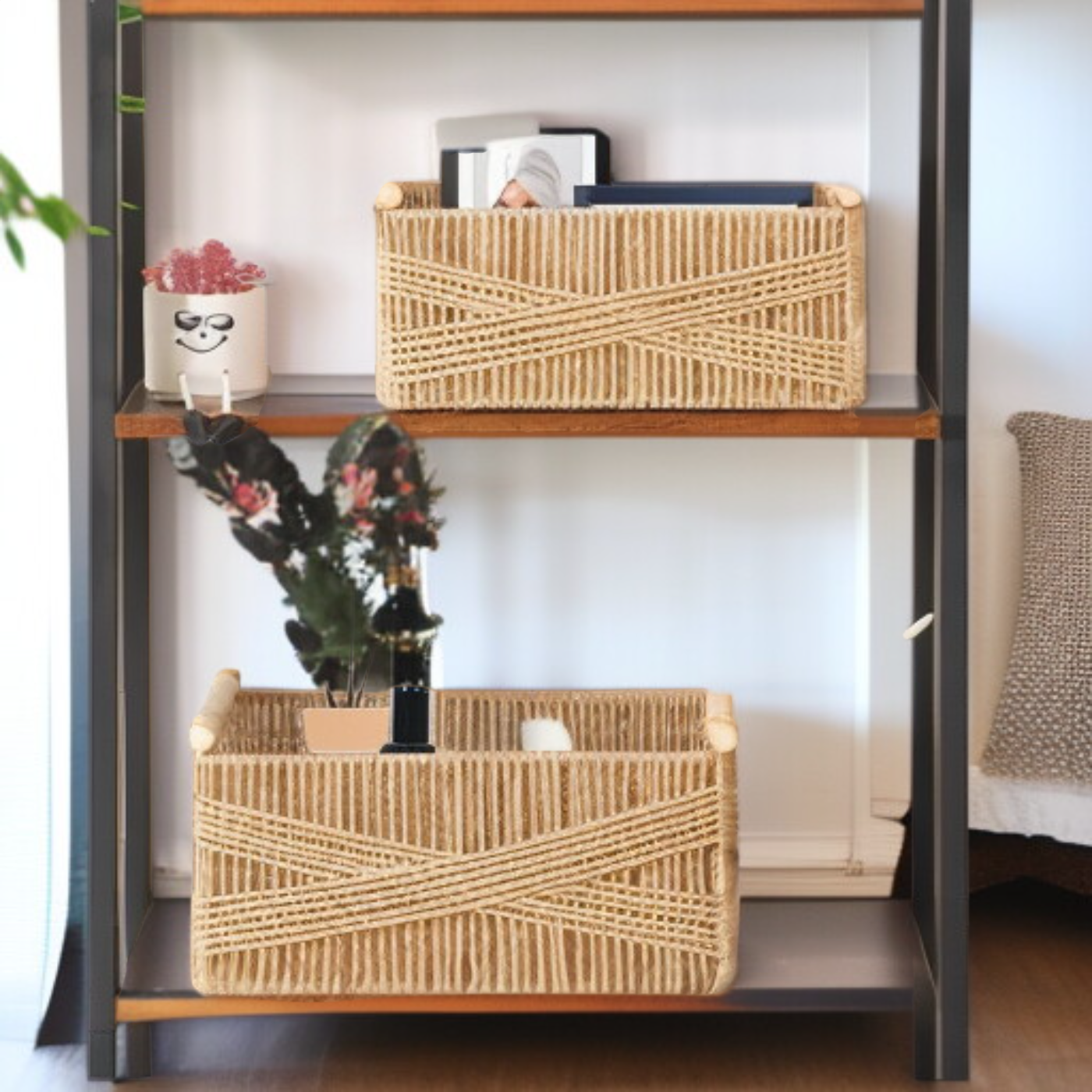 シンプルな家庭用編み込み収納バスケット（木製ハンドル付き）