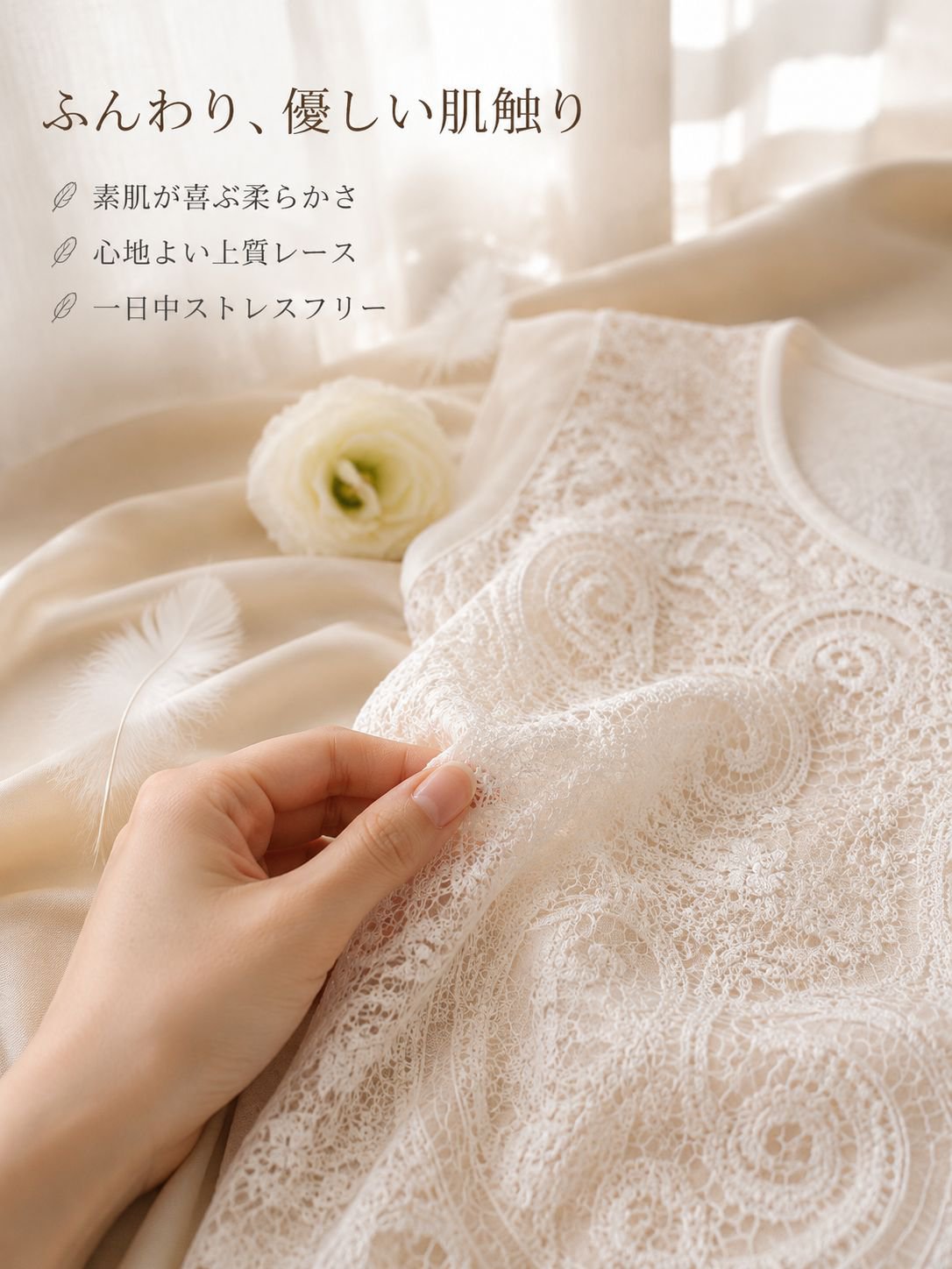 高級ラウンドネックレース透かしノースリーブシャツトップス（女性用）