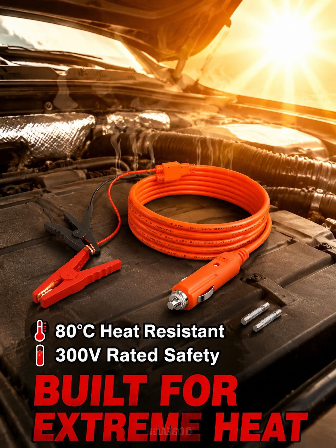 14AWG 2-meter car battery charging cable with cigarette lighter plug to alligator clip, 12V.