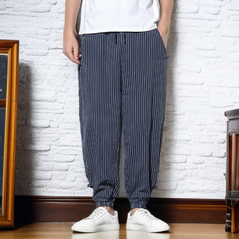 メンズコットン＆リネン ゆったりストライプジョガーパンツ