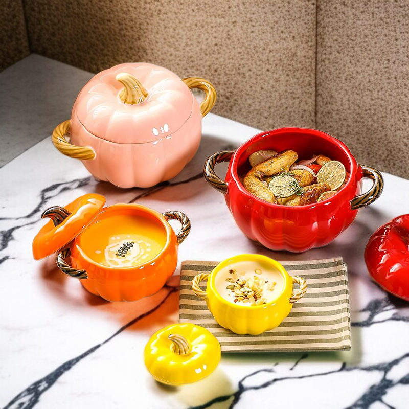 陶磁器カボチャの形蓋付き両耳大湯碗