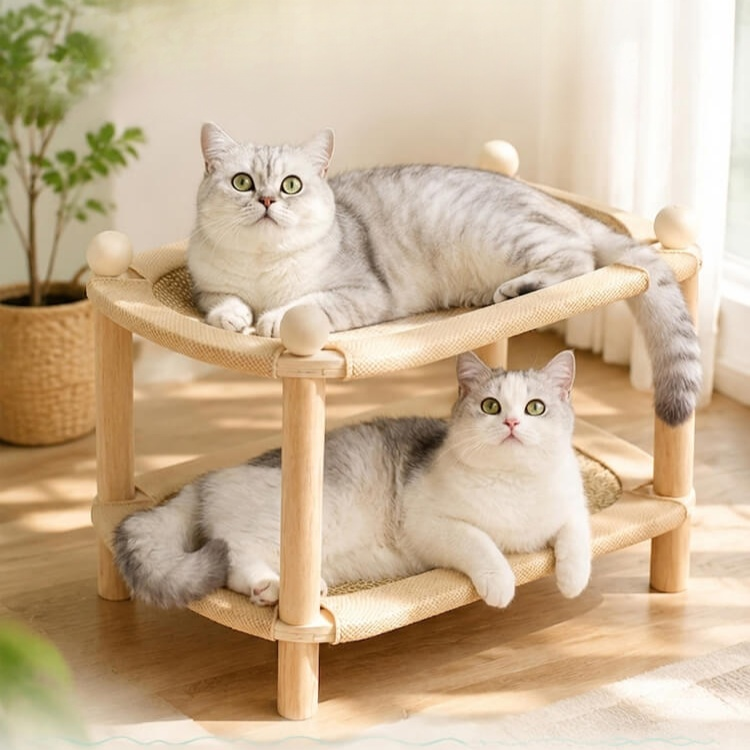 二層構造の猫用ベッド。2層構造で、夏場は涼しく過ごせるマットとしても使えます。爪とぎとしても使え、耐摩耗性に優れた無垢材を使用しているため、オールシーズン対応です。
