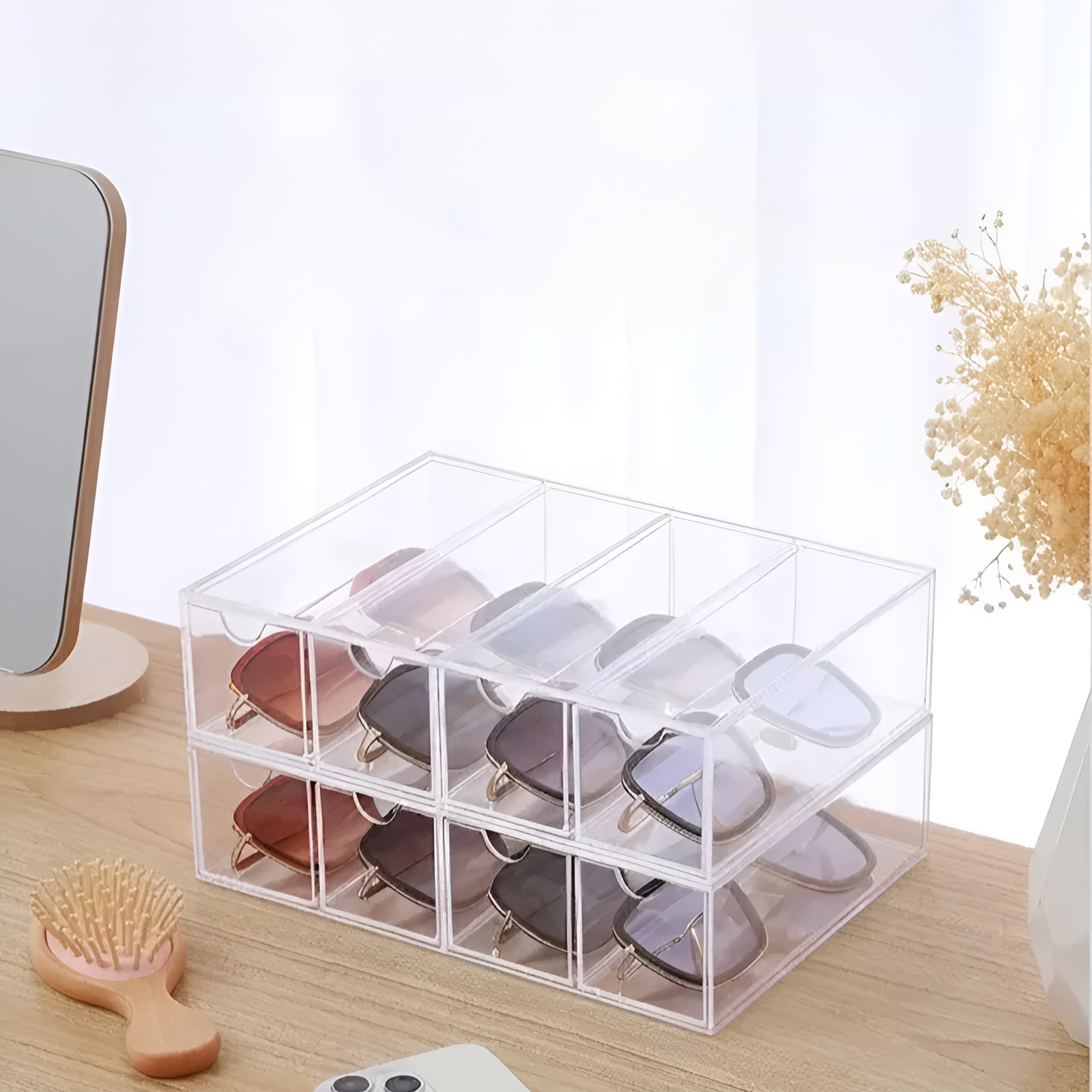 アクリル製収納ボックス、透明プラスチック製メイクブラシ収納ボックス、デスクトップ用防塵引き出し式メガネディスプレイボックス