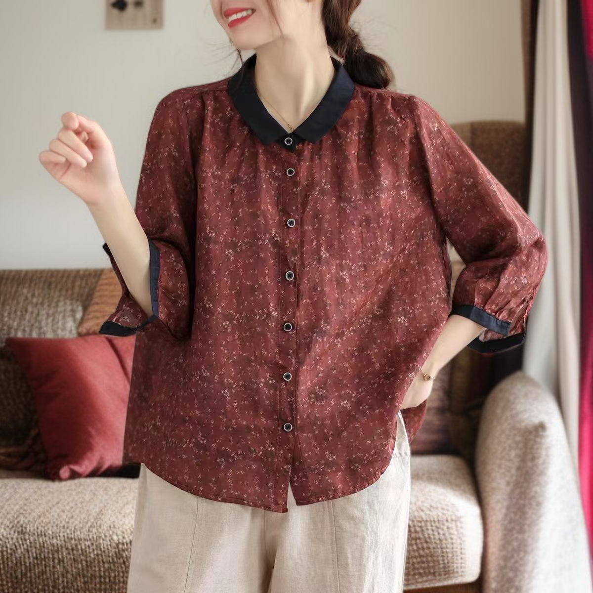 신상 여름 여성복 프린트 셔츠 코튼 마 문예 멜란 가디건 칼라 칠부 소매 캐주얼 셔츠녀