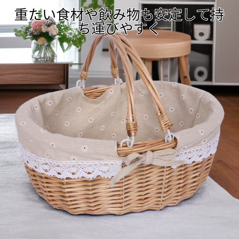 ダブルハンドルのリネンウィッカー製ピクニックバスケット