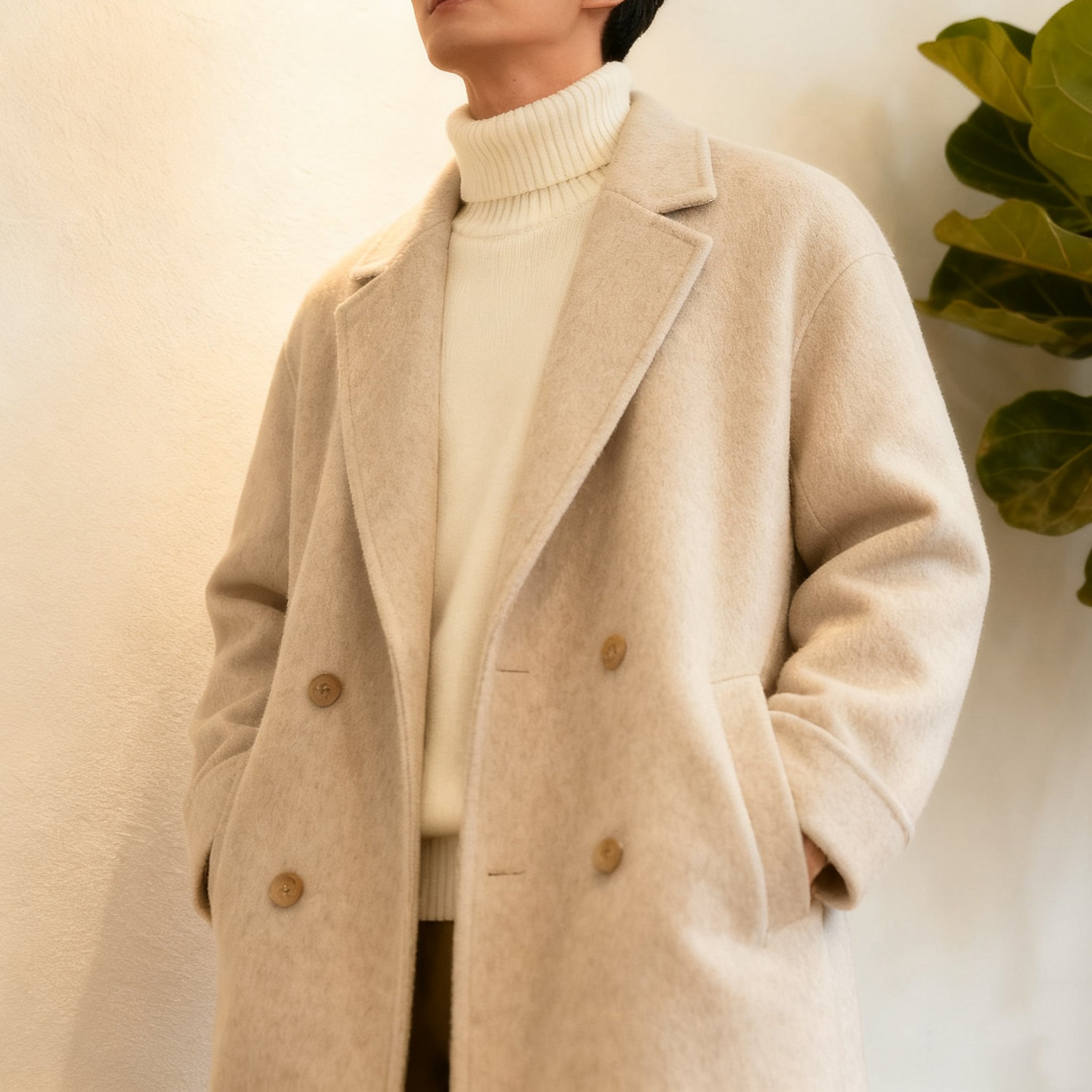  남성용 따뜻한 베이지 클래식 더블버튼 코트