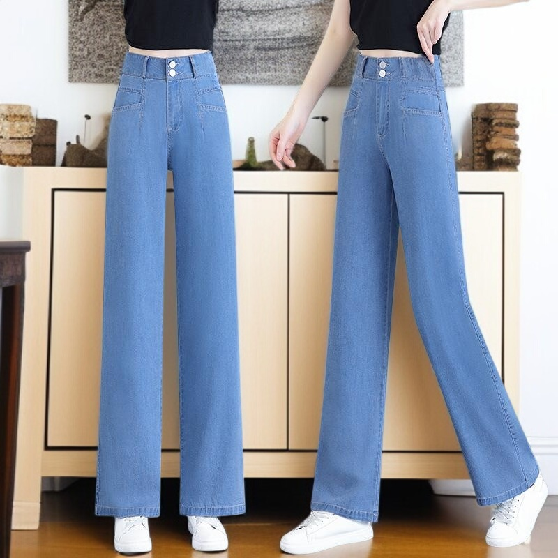 텐셀 일자 청바지 여성복 여름 신상 하이웨스트 얇은 날씬해 보이는 캐주얼 와이드핏 팬츠