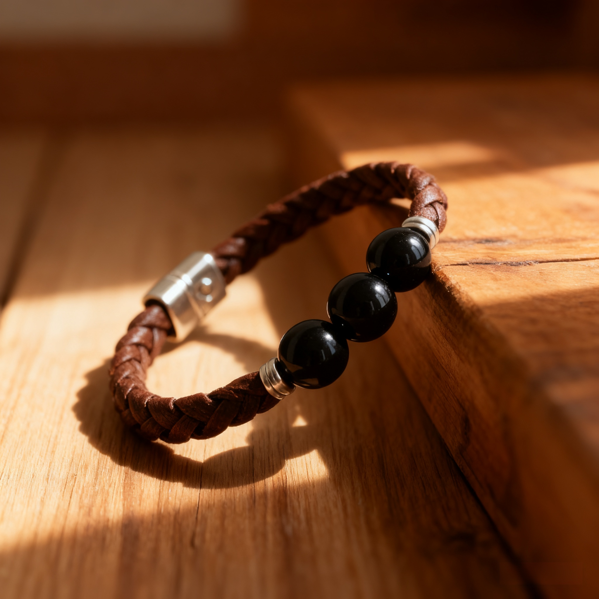 고급스러운 흑요석 원석 팔찌 클로즈업