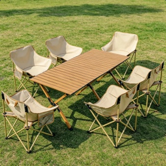 Portable Camping Table and Chair Set with Folding Moon Chair and Carbon Steel Roll Table