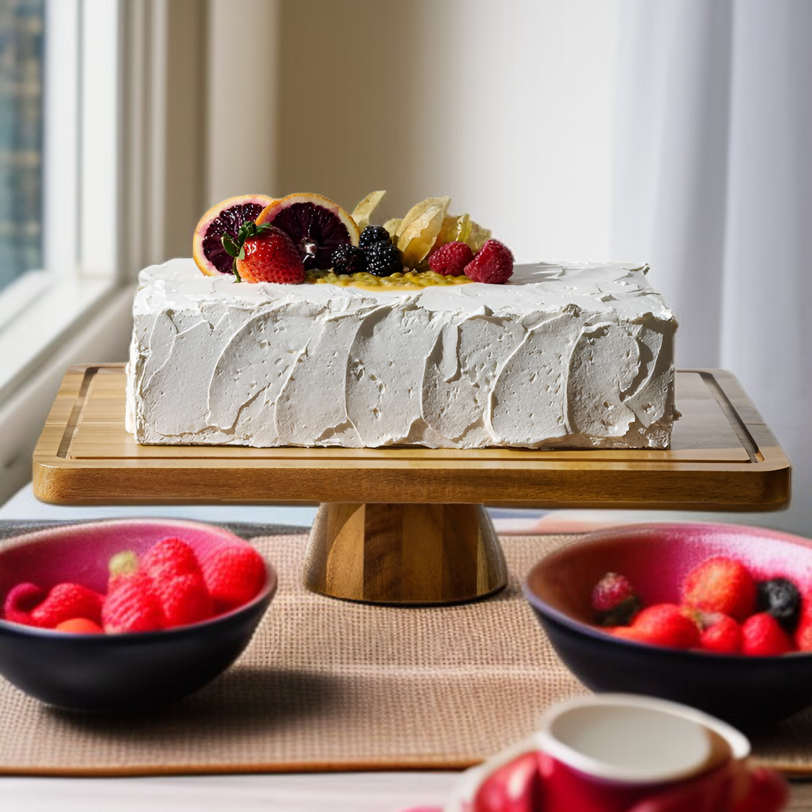 フルーツを飾った木製ハイキックデザートトレイ