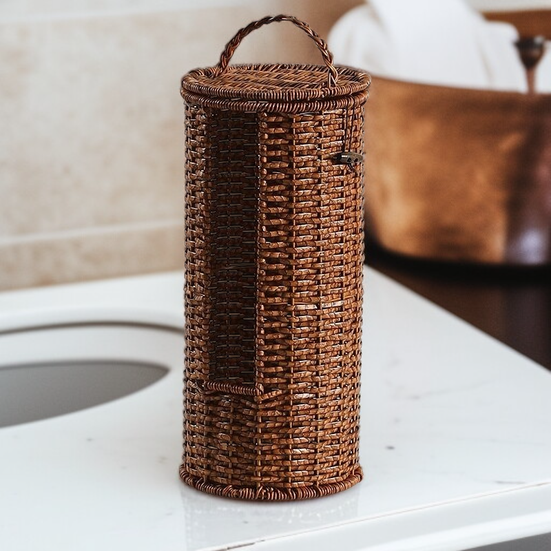 등나무 둥근 띠 덮개 수납 광주리