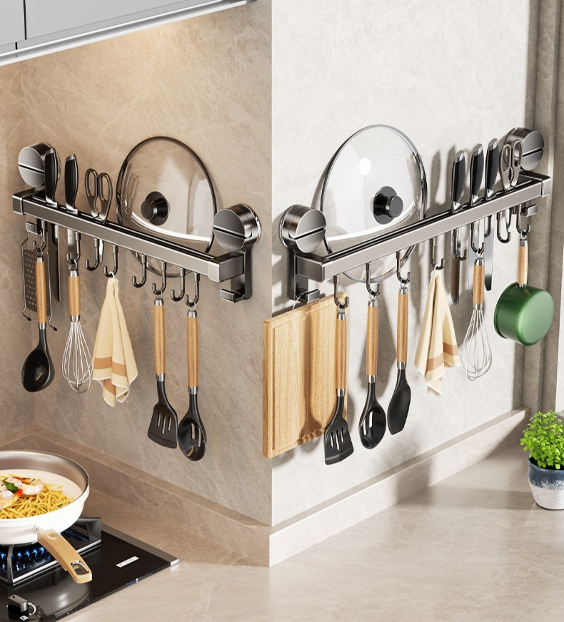 Estante de cocina con ganchos para colgar utensilios y accesorios