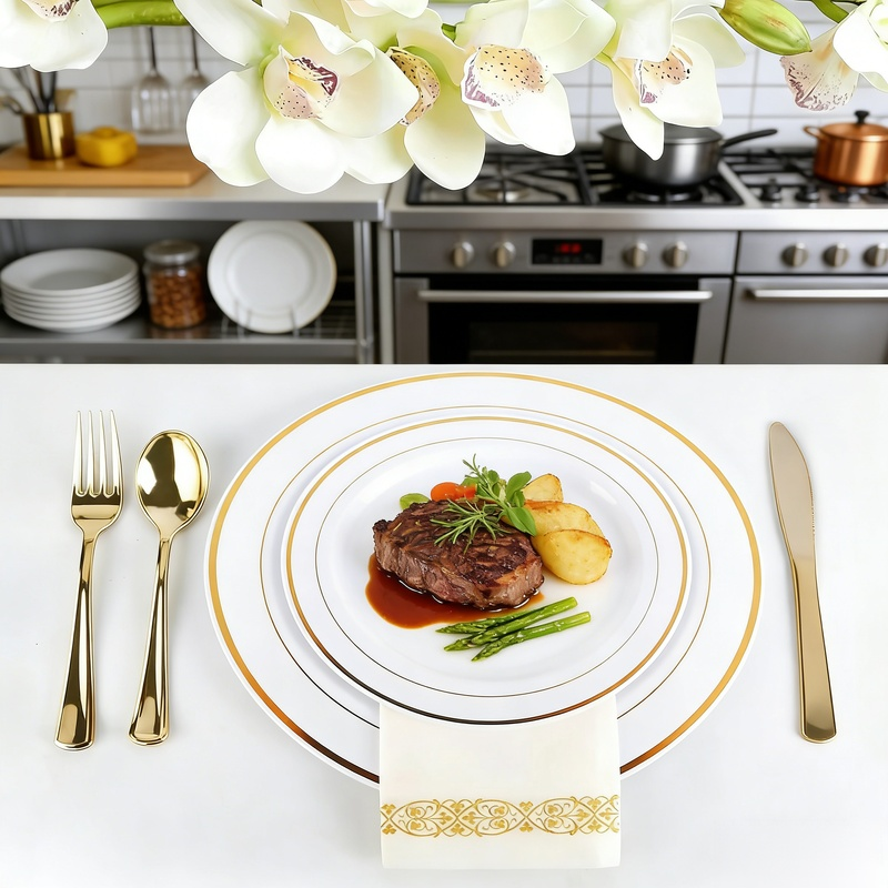 一次性金邊塑料餐具套裝，含盤子、酒杯、刀叉勺，適合25人使用