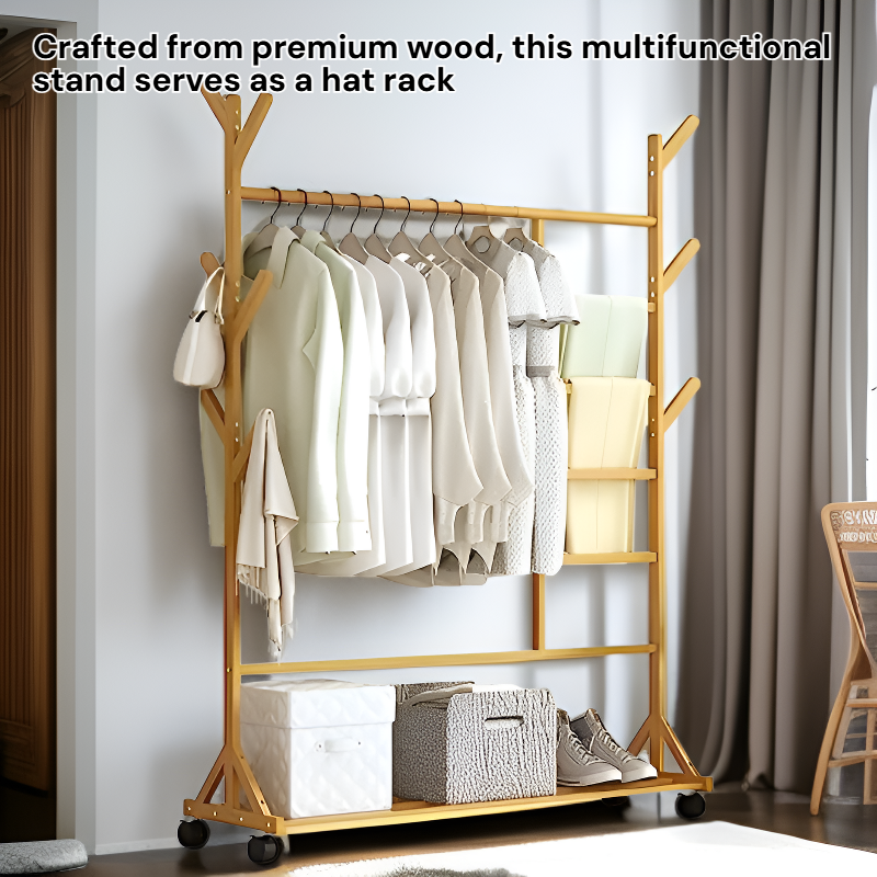 Wooden Multifunctional Hat Stand Quilt Drying Pole Clothes Hanger for Balcony and Bedroom