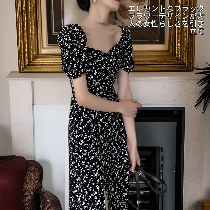 女性用ブラックフラワーロングワンピース