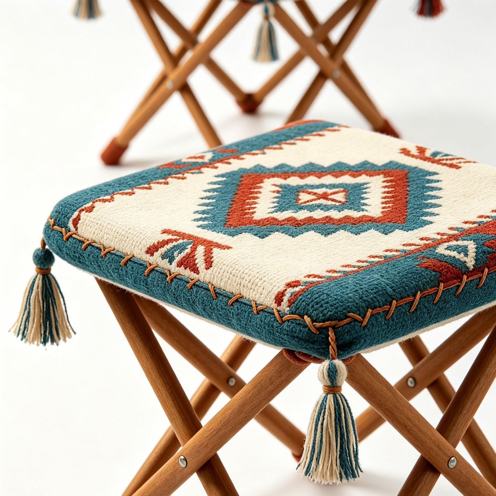 Portable folding stool featuring elegant tassel accents