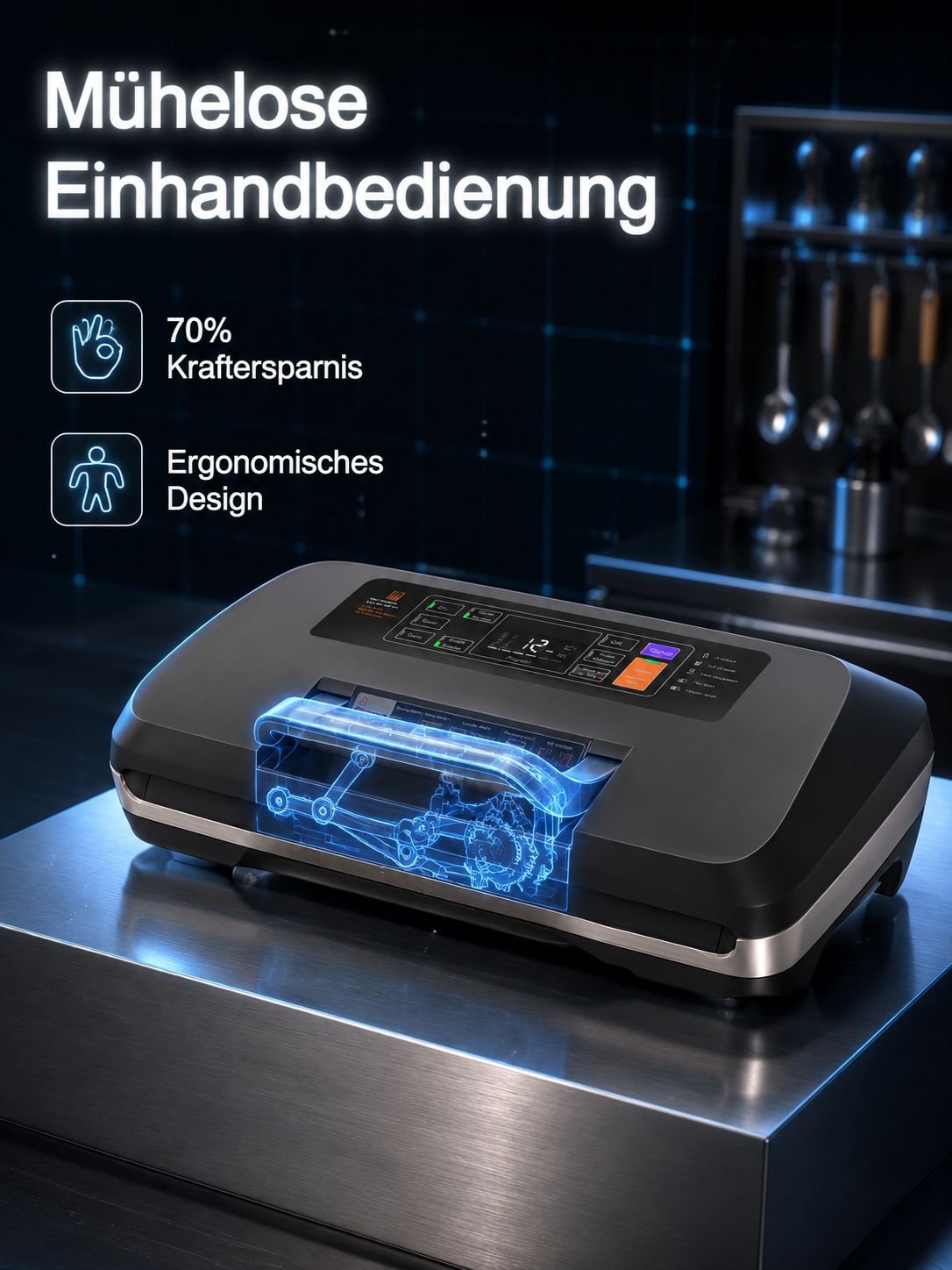 Vakuumierer beim Versiegeln von Fleisch und Gemüse