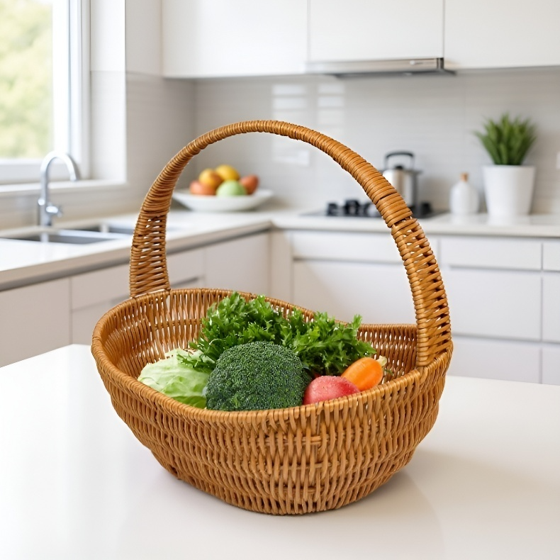 Hand holding the rattan storage basket