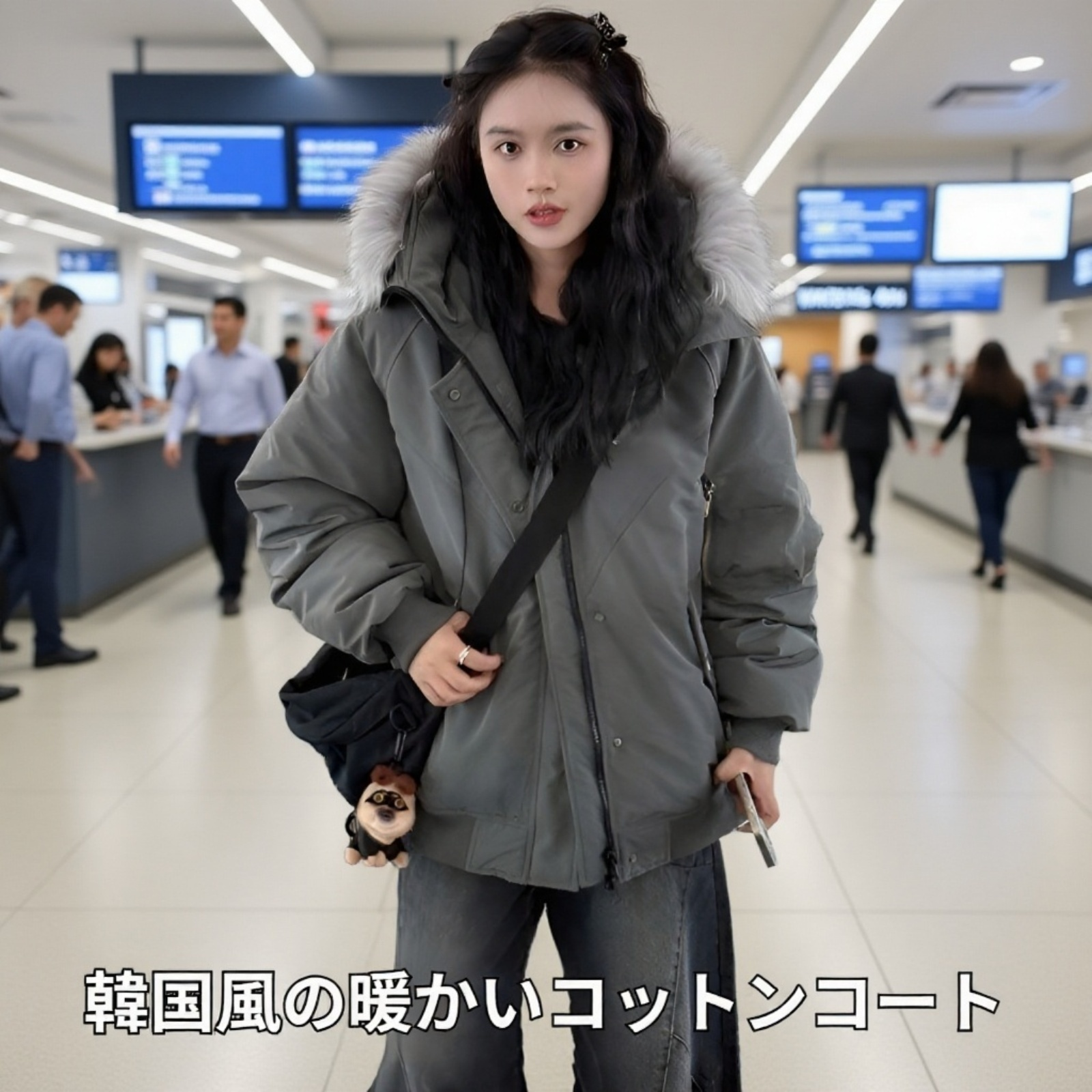 大きなファー付きレディース中綿コート全体画像