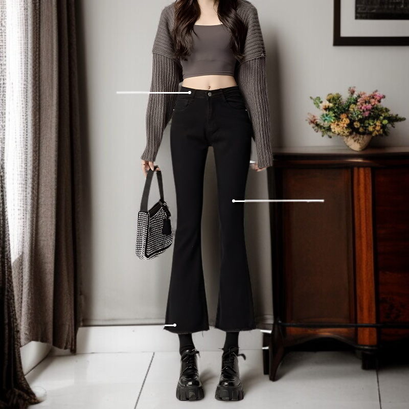 秋の女性用の黒のわずかにフレアのイミテーションジーンズ、小柄な人向けの韓国バージョン、ハイウエスト、スリムな89ポイント、多用途のカジュアルベルボトムパンツ