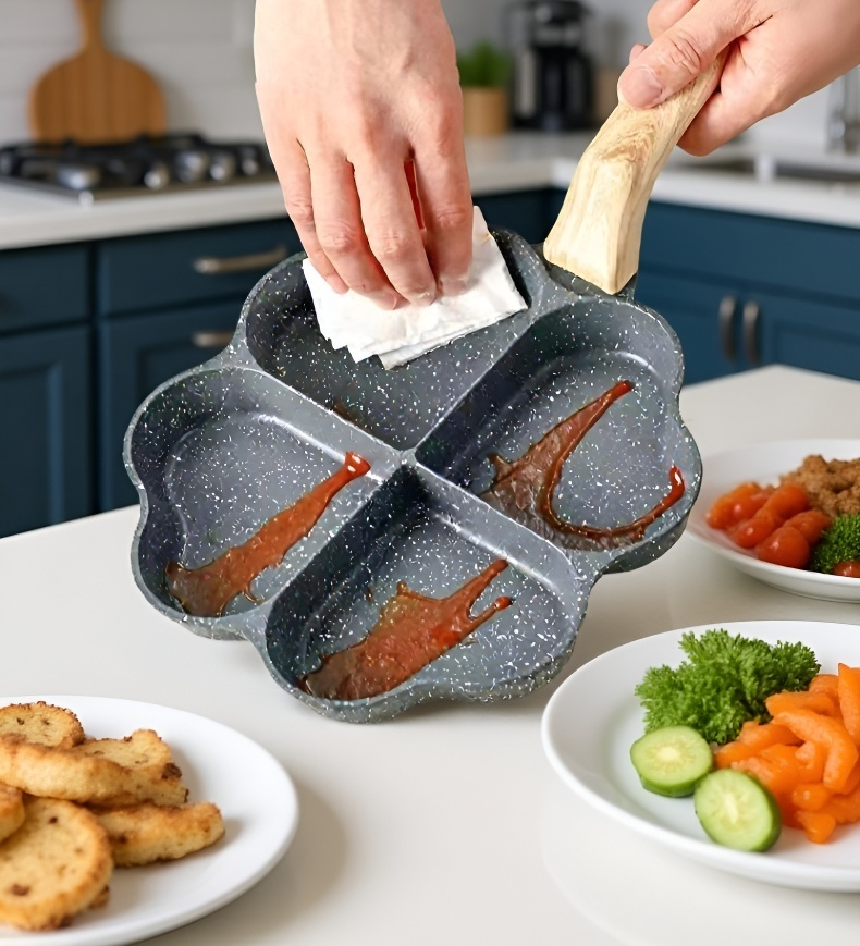 持ちやすいハンドル付き麦飯石目玉焼き鍋