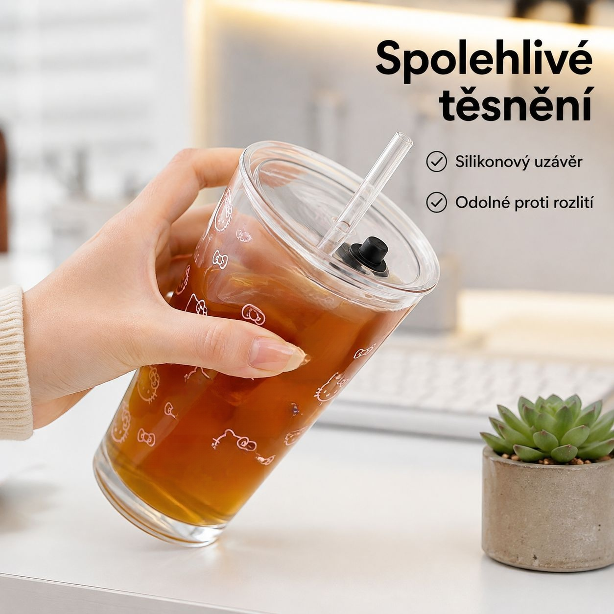Skleněný pohár s brčkem KT kočka, velkokapacitní domácí hrnek na pití
