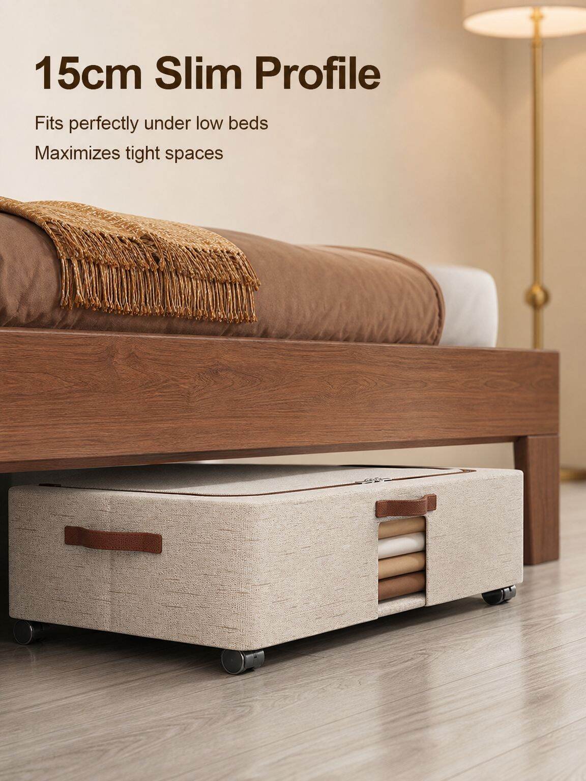 Cotton and linen under-bed storage box with lid and wheels