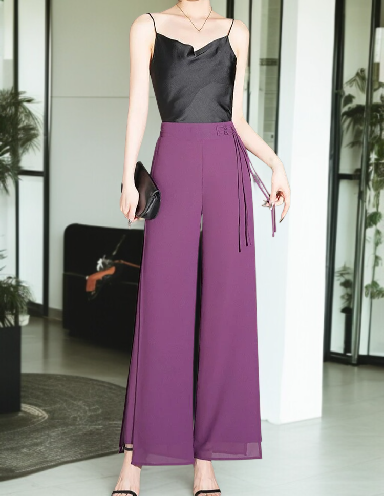 여성 와이드 얇은 밴딩 허리 와이드 팬츠 9부 처짐 절개 와이드 팬츠 바람 쉬폰 일자 와이드 팬츠 하늘하늘 치마바지