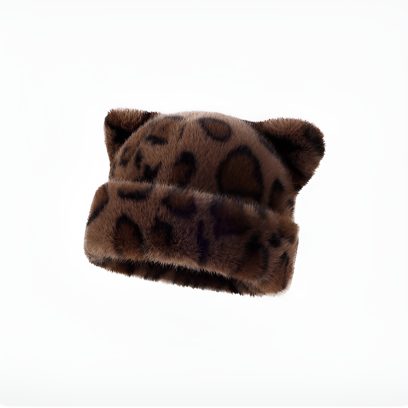 หมวกหมีขนฟูหนาลายเสือดาวกันหนาว