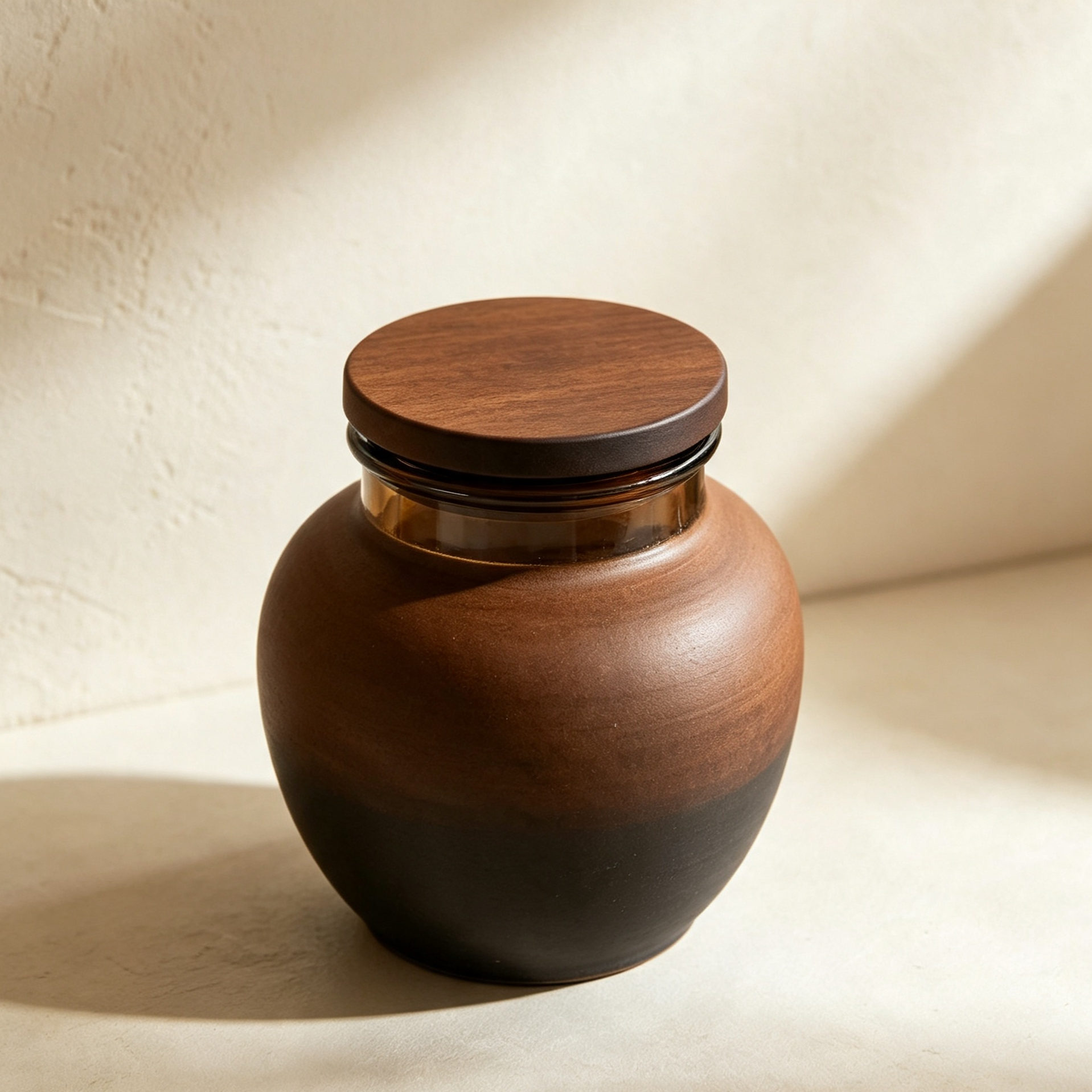 Set of three coarse ceramic tea storage jars on kitchen counter