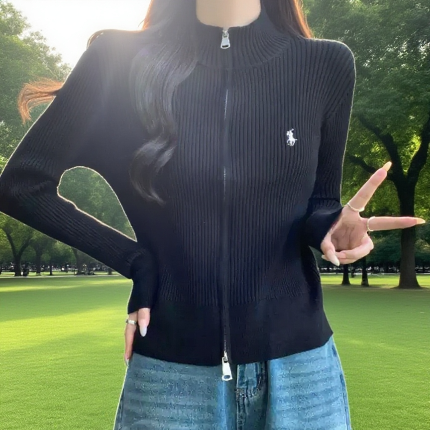 슬림핏 하이넥 더블지퍼 니트 가디건 여성