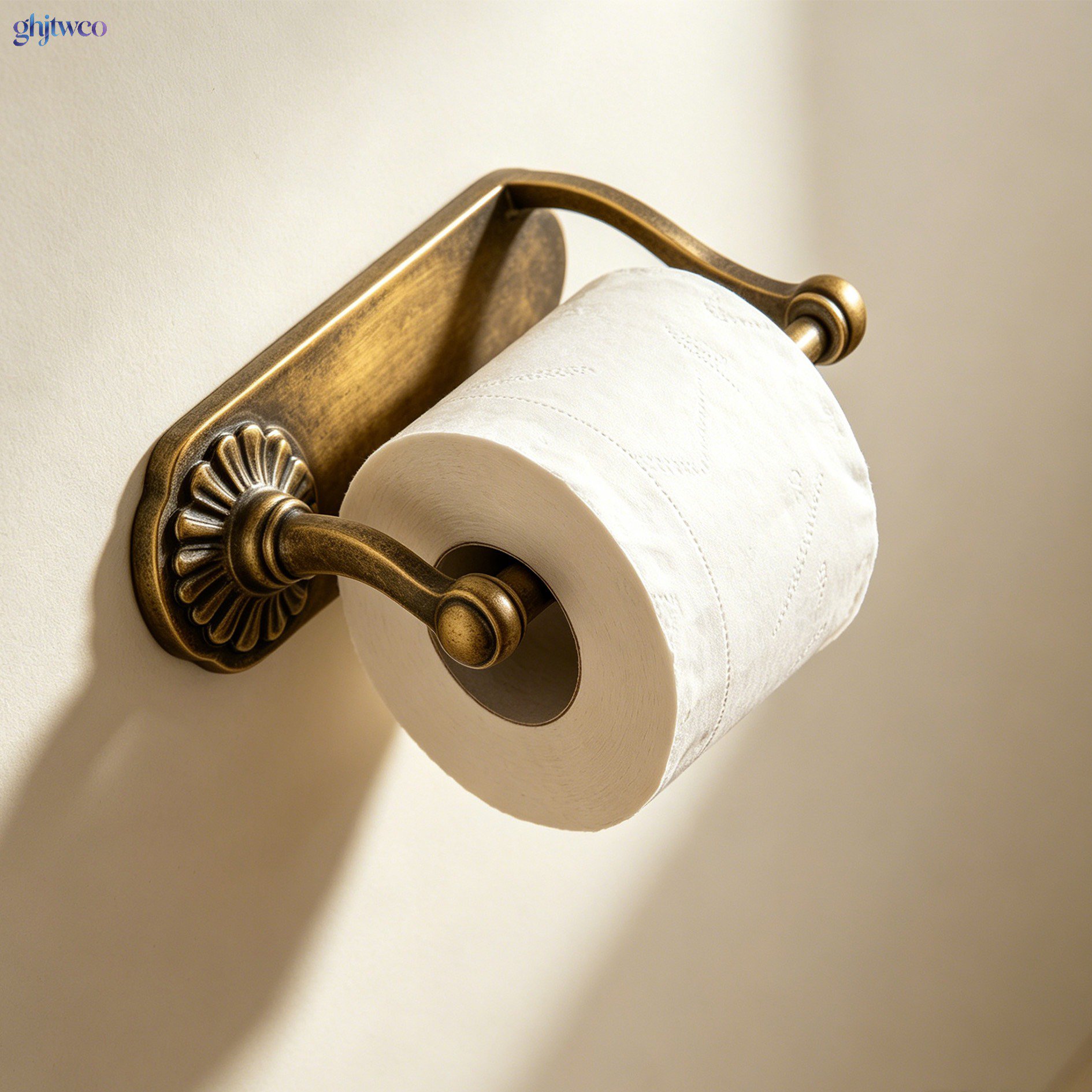 Wall mounted brass toilet paper holder closeup