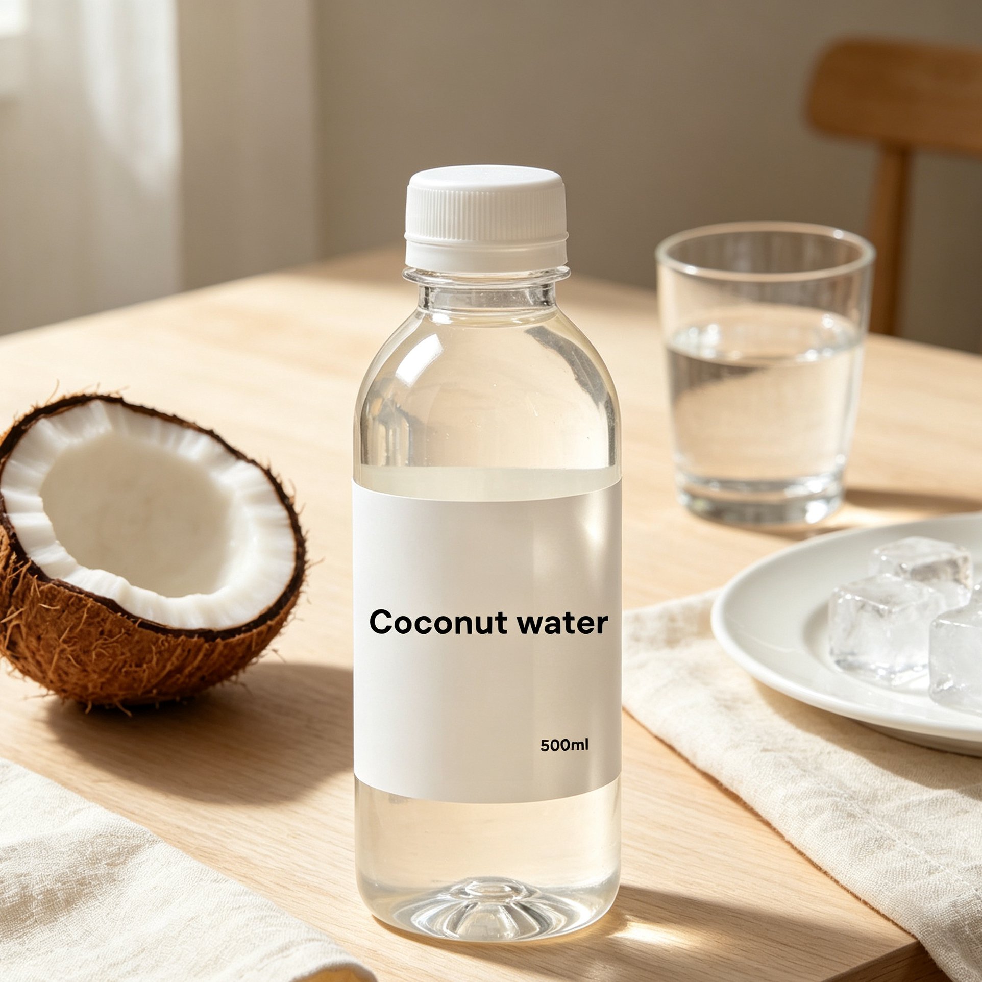Pure coconut water bottles grouped together