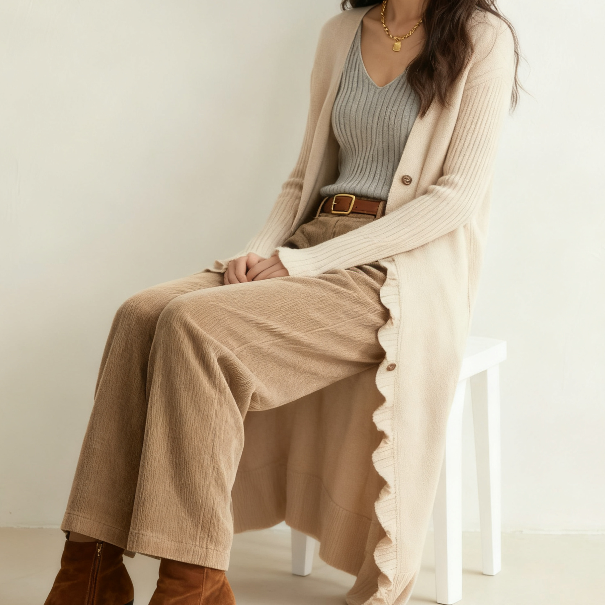 여성 스타일리시 러플 롱 오픈 가디건 전체 이미지