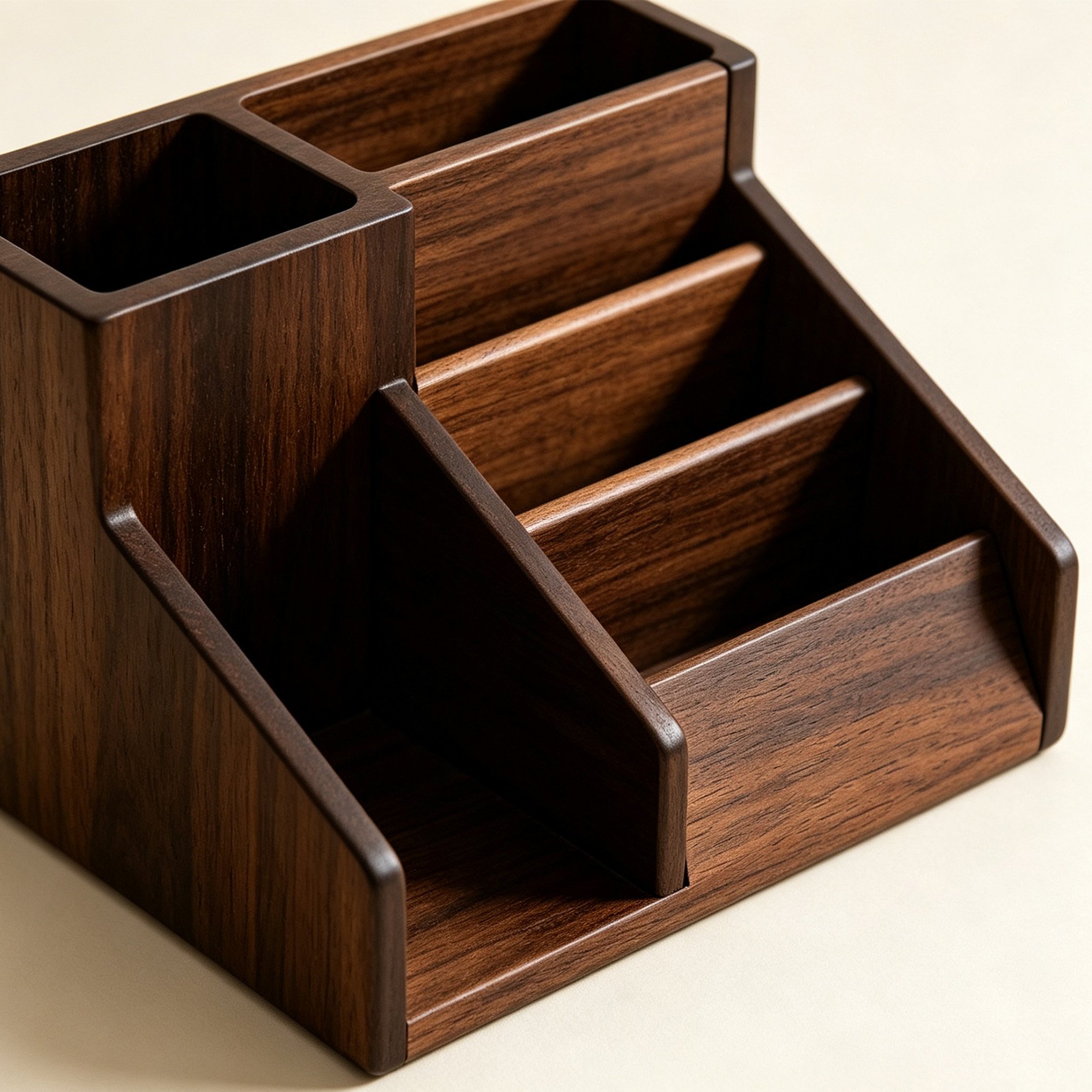 Elegant walnut wood box with lid open showing storage space