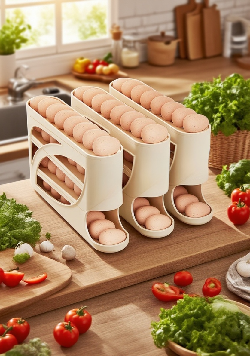 신선한 계란을 담은 롤링 계란 보관함