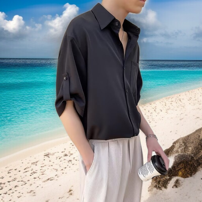 ビジネスダークグリーンメンズ半袖シャツノンアイロンルーズシャツドレープ半袖シャツ