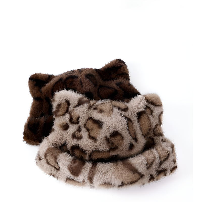 Thick Plush Leopard Print Bear Ear Warm Hat