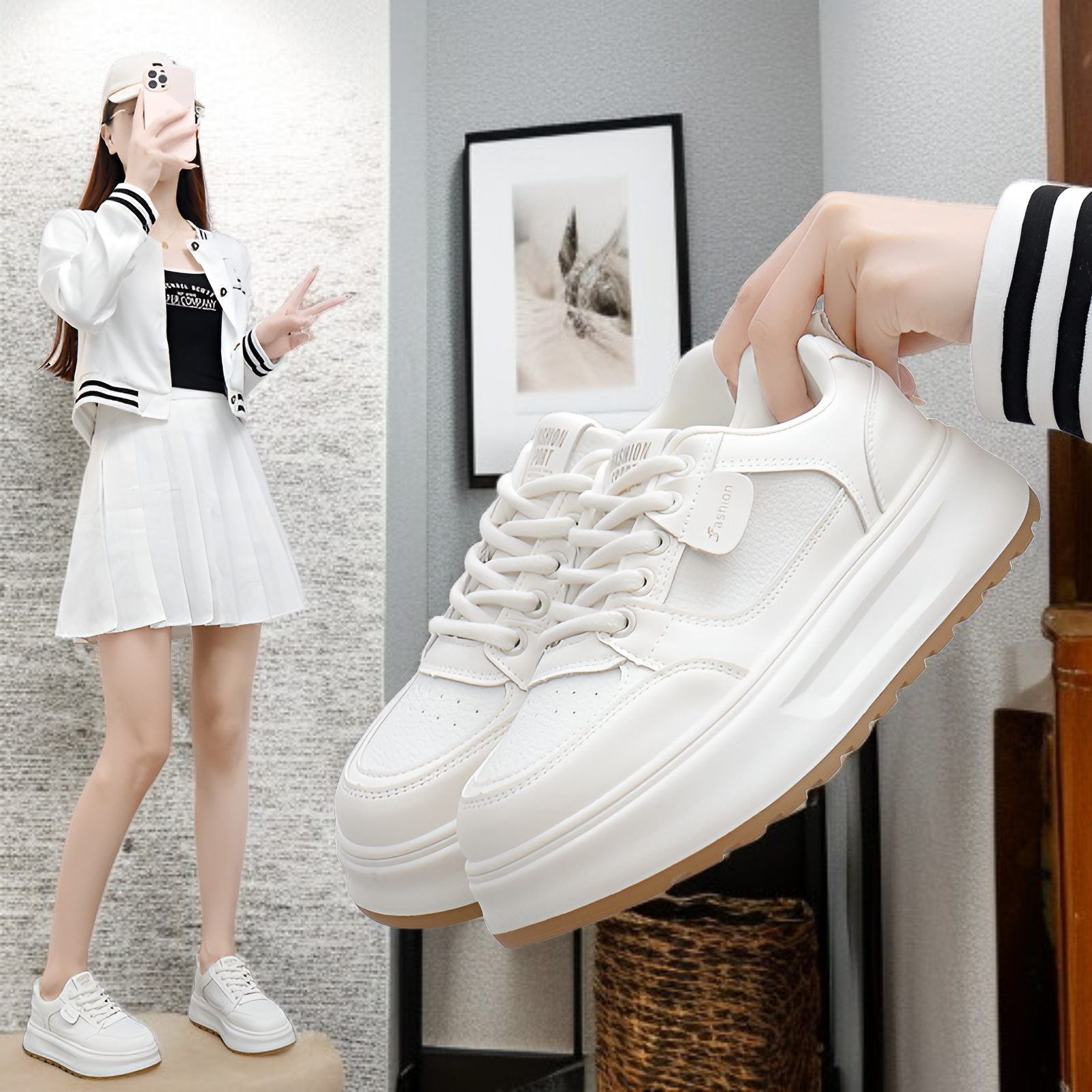 2025春の白い靴の新しい韓国版カジュアルシューズins女子学生カジュアルシューズ身長アップ厚底靴スポーツシューズカジュアルシューズ女性用