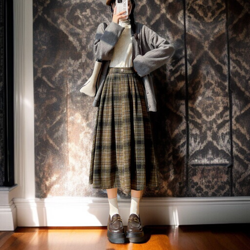 키 작은 가을 겨울 하이웨스트 모직 스커트 미디 체크 우산 스커트