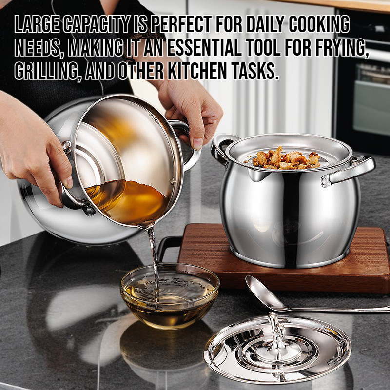 Grease pot with fine mesh strainer filtering cooking oil