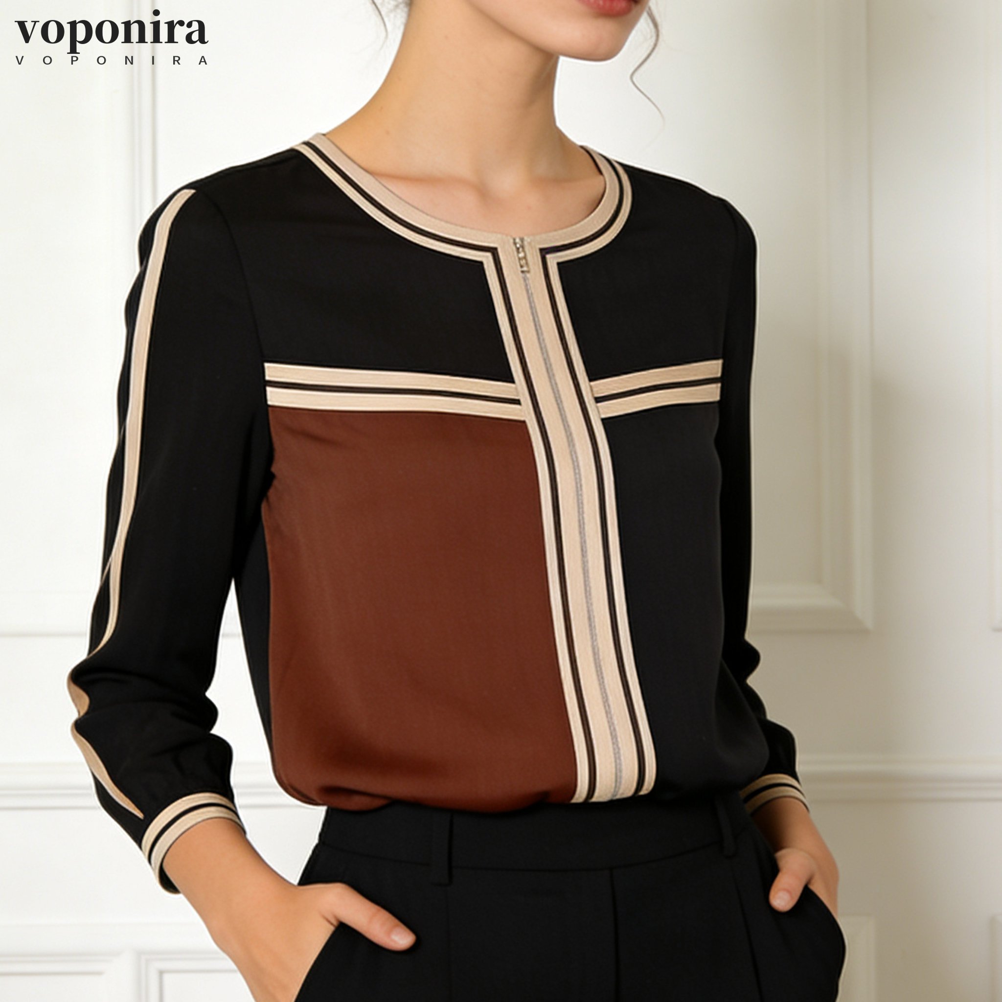 黒と茶色のカラーブロックシャツ