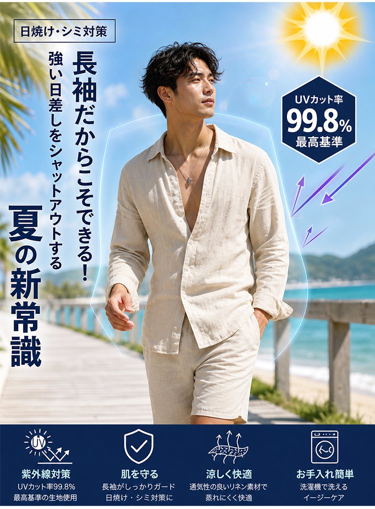 メンズリネン長袖シャツ+ショートパンツセットアップ - detail 20