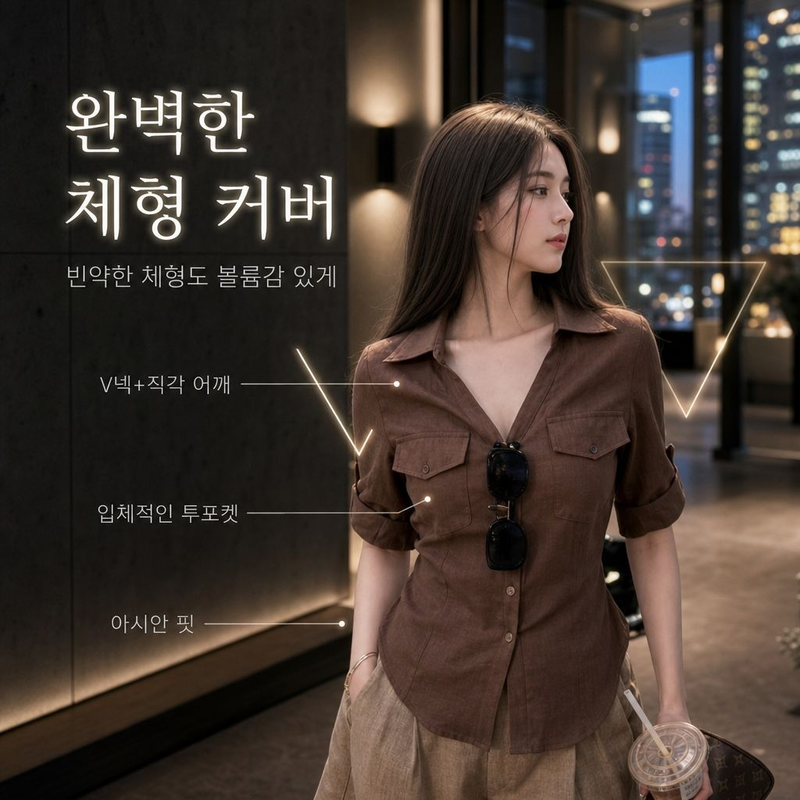 허리핏 V넥 반팔 여성 셔츠