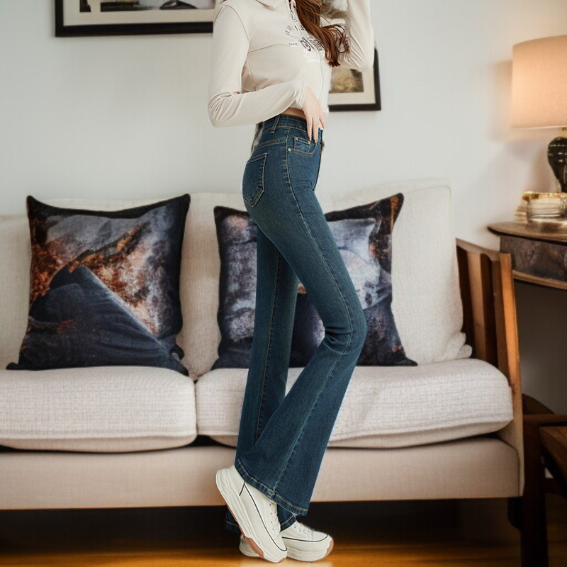 小さめハイウエストワイドジーンズ女性春春スリム細めマイクロフレアワイドパンツ