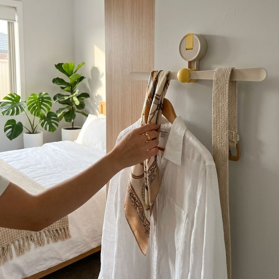 Space-saving clothes hanger folded against wall