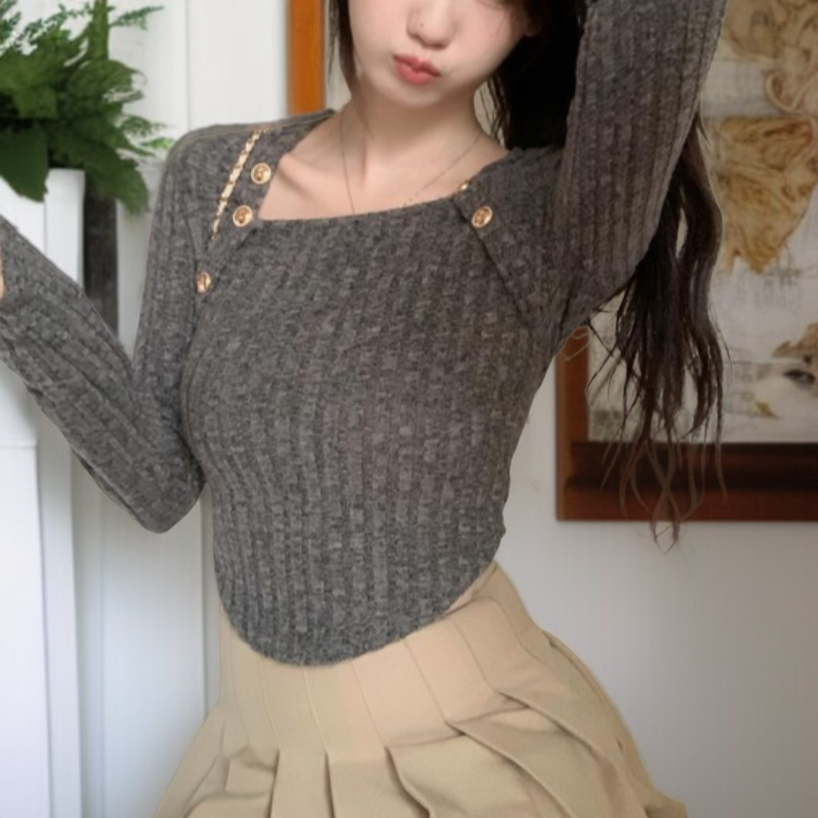 여성 가을 분위기 슬림 캐시미어 스웨터 언밸런스 디자인 숏 긴팔 니트